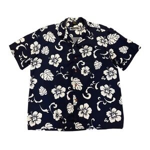 Palmwave Aloha‎ Hawaiian Shirt Navy Blue Hibiscus Floral Cotton Large
